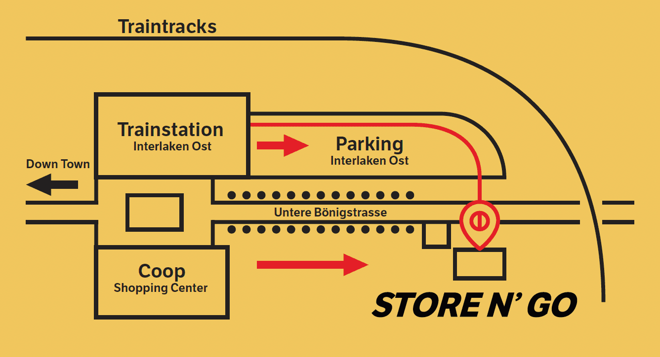 Interlaken luggage storage map - walking directions from Interlaken Ost station to Store N Go baggage storage - 2 minute route guide for tourists